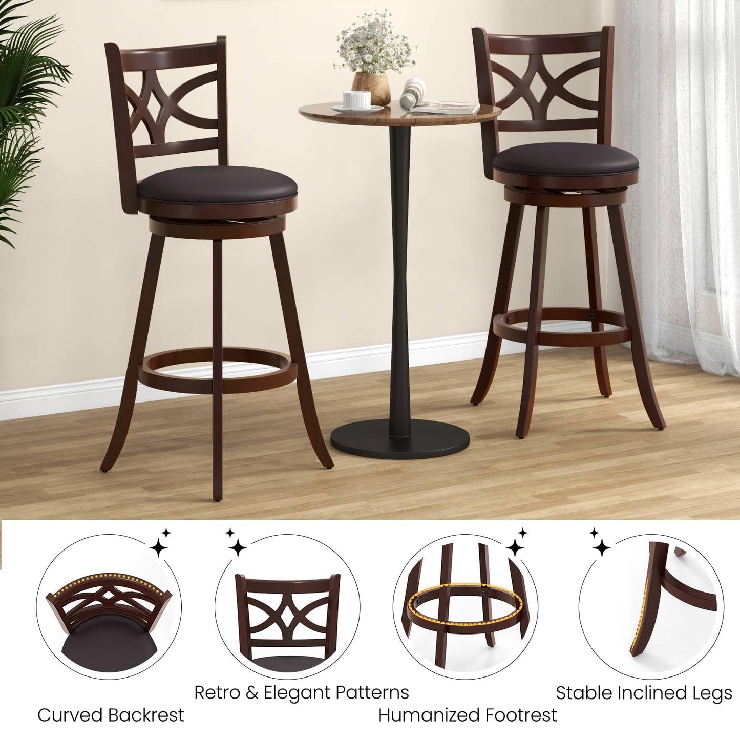 GiantexUK Swivel Bar Stools Set of 2, Rubber Wood Kitchen Barstools with PVC Cover Seat, Back & Footrest (47 x 44 x 110cm)