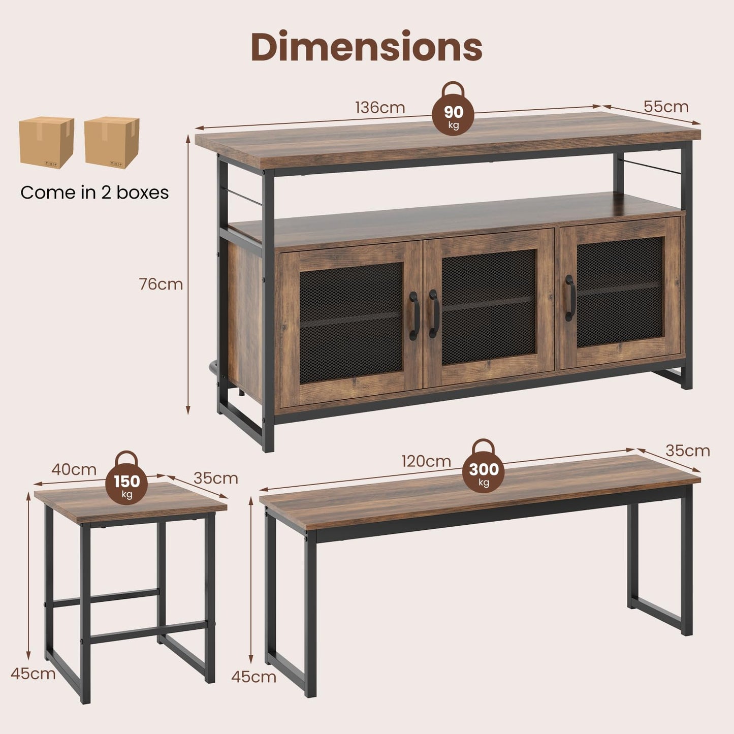 4 Piece Dining Table Set, Kitchen Table and 2 Stools Set with 1 Bench, Cabinets, 3-Position Adjustable Shelves & Footrest