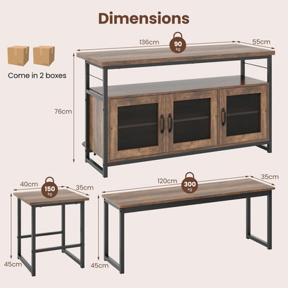 4 Piece Dining Table Set, Kitchen Table and 2 Stools Set with 1 Bench, Cabinets, 3-Position Adjustable Shelves & Footrest