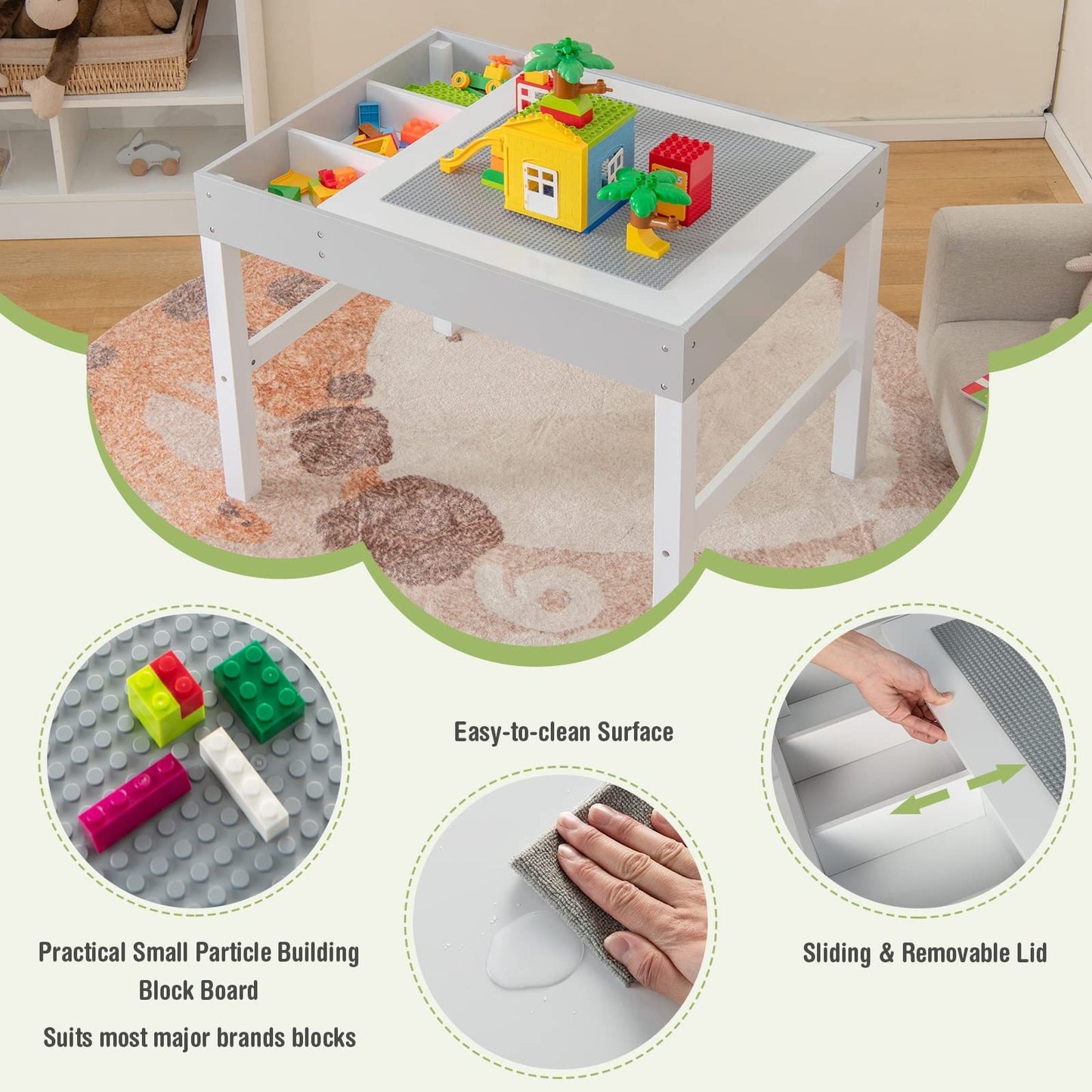 3-in-1 Kids Activity Table, Wooden Children Building Blocks Table with Reversible Tabletop and Storage