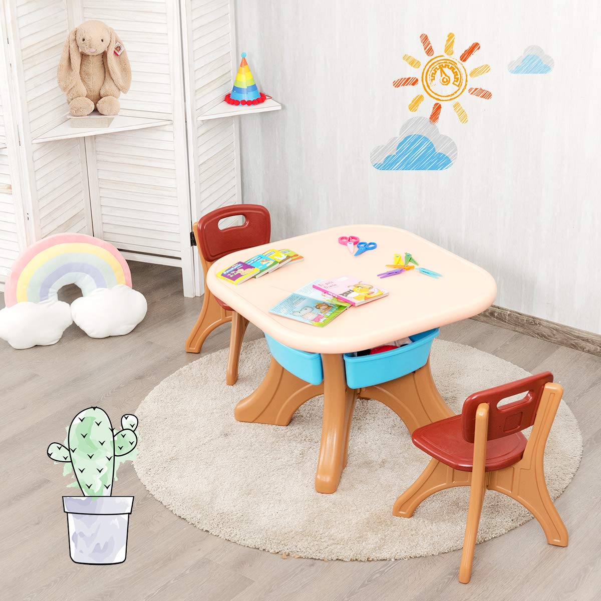 Kids Table and Chairs Set, Children Activity Art Table and 2 Chairs Set with Detachable Storage Bins