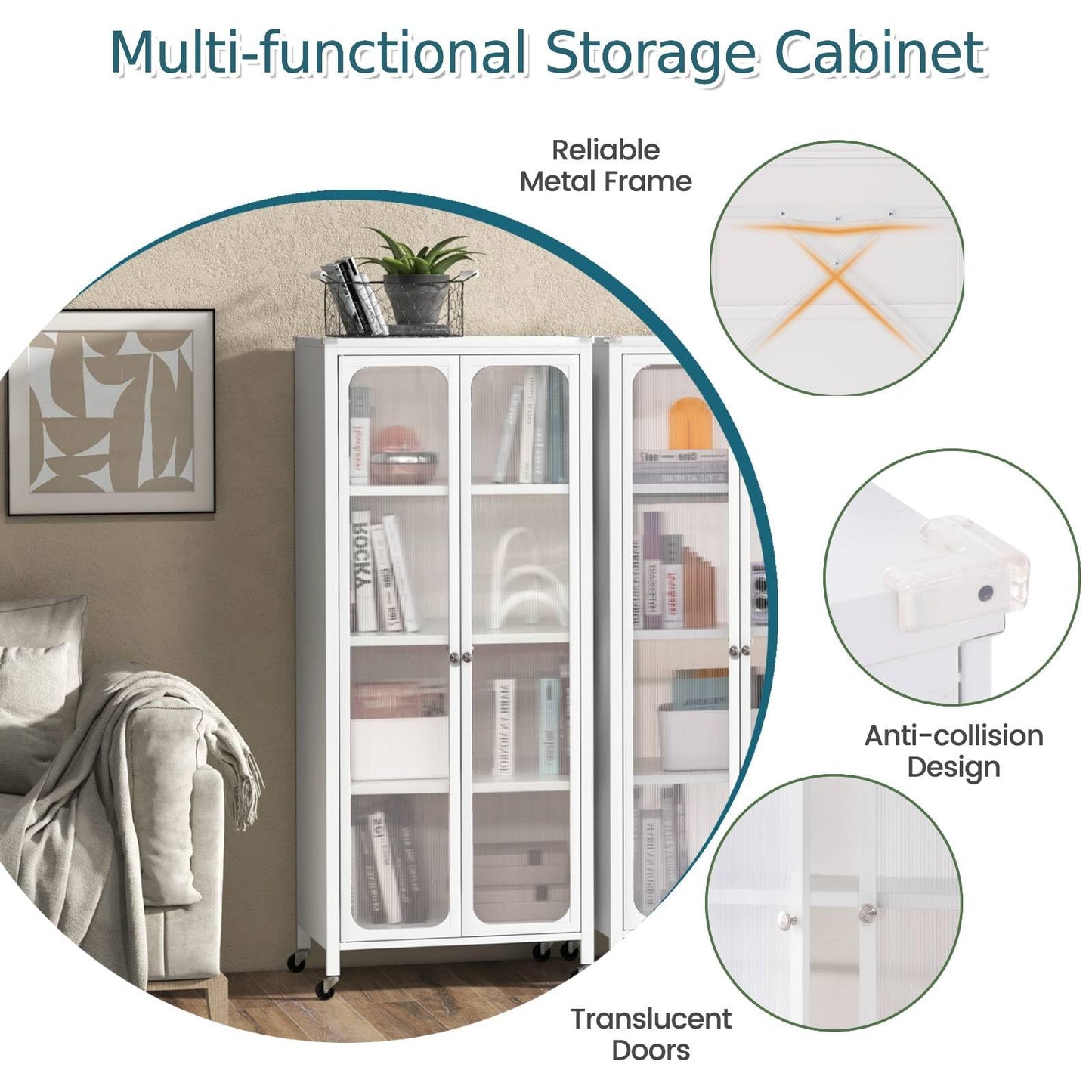 GiantexUK Storage Cabinet on Wheels, Mobile Kitchen Cupboard with Doors, Adjustable Shelves & Anti-Toppling Device