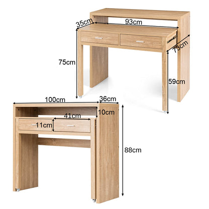 Extending Computer Desk, Wooden Study Writing Desk PC Laptop Table with 2 Storage Drawers