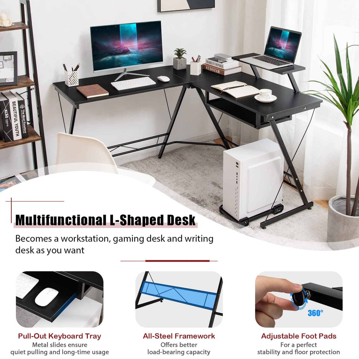 L-Shaped Computer Desk, 130CM Large 2-Person Corner Writing Workstation with Movable Host Stand