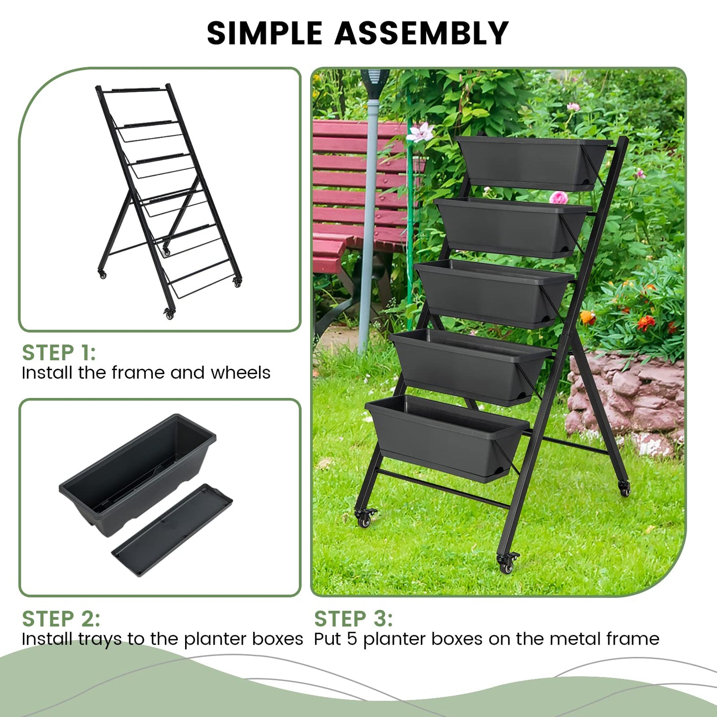 GiantexUK Raised Garden Bed, 5 Tier Vertical Ladder Planter with 5 Removable Trays, Wheels & Drain Holes (with Wheels, Black, 57 x 68 x 117cm)