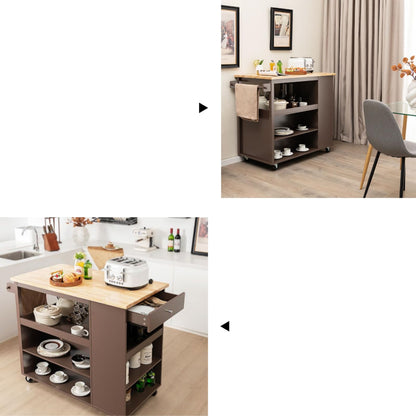 GiantexUK Kitchen Island Cart on Wheels, Mobile Storage Cabinet Cart with Rubber Wood Countertop, Drawer, Spice Racks & Towel Rack