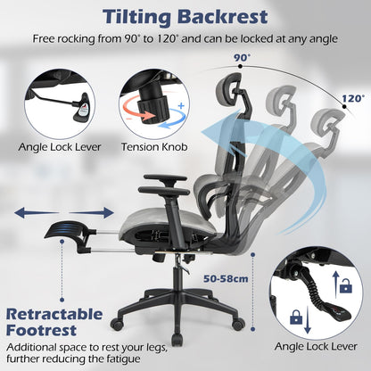 Mesh Office Chair, Ergonomic High Back Swivel Computer Desk Chair with Lumbar Support and Retractable Footrest