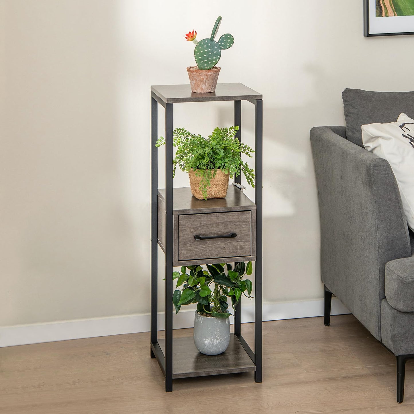 3 Tier Tall Metal Plant Stand, Corner Plant Holder with Anti-tipping Devices (with Middle Drawer)