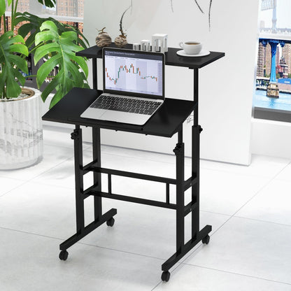 Height Adjustable Standing Desk, Mobile Laptop Table Computer Desk with Flip-over Desktop and Wheels