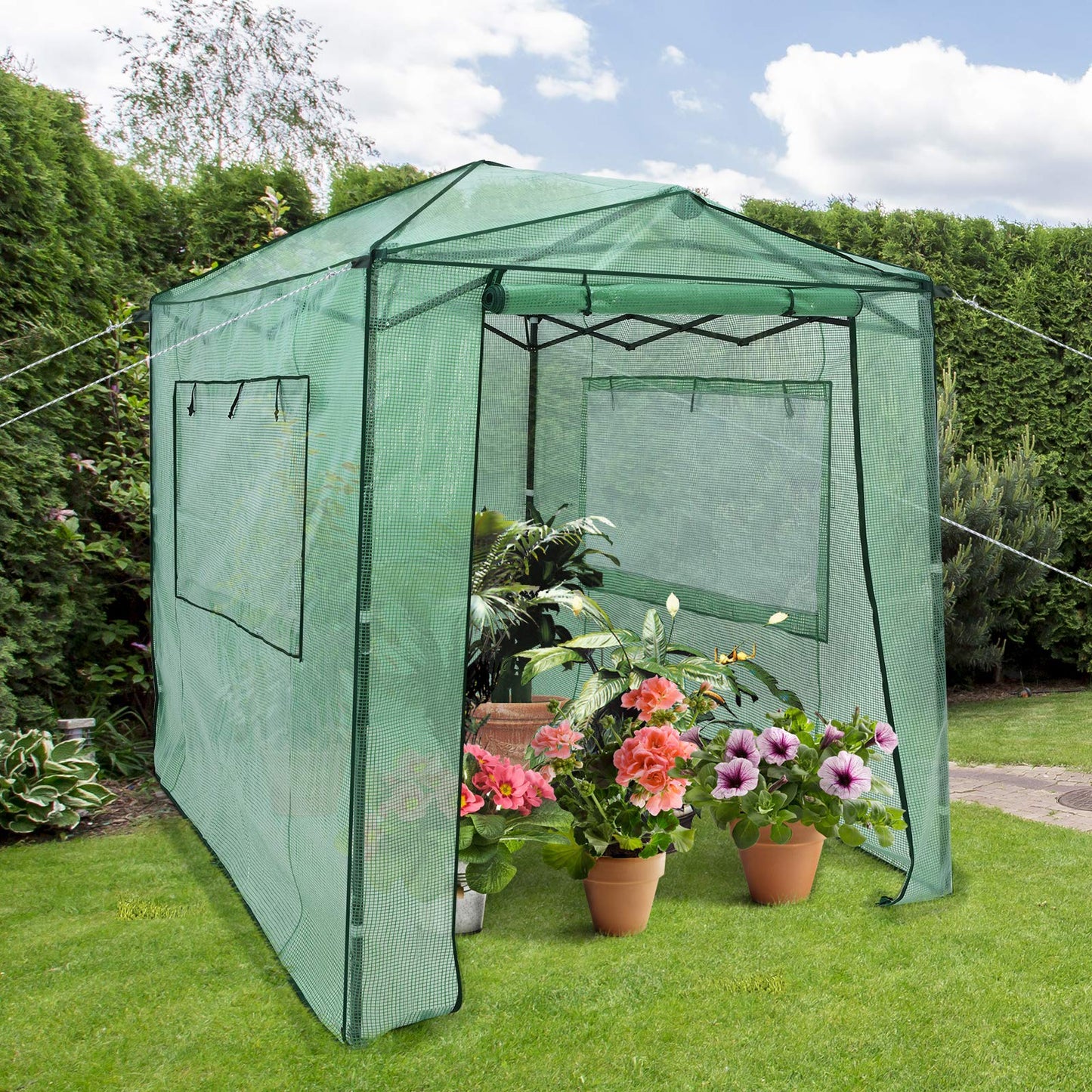 GiantexUK Walk In Greenhouse, Height Adjustable Pop-up Growhouse with PE Cover (256x174x210-230cm,2 Windows, Green)