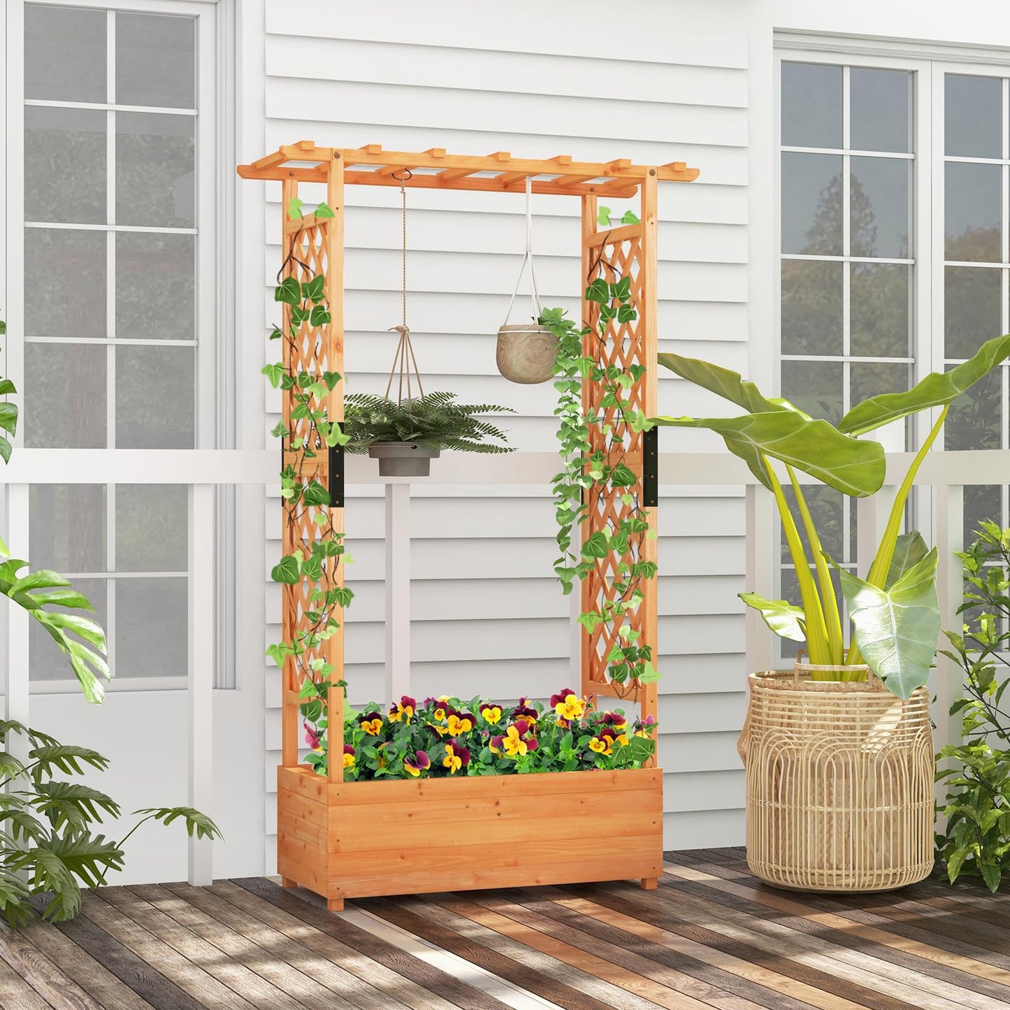 GiantexUK Raised Garden Bed with Arch Trellis, Wooden Garden Planter Box with Drainage Holes