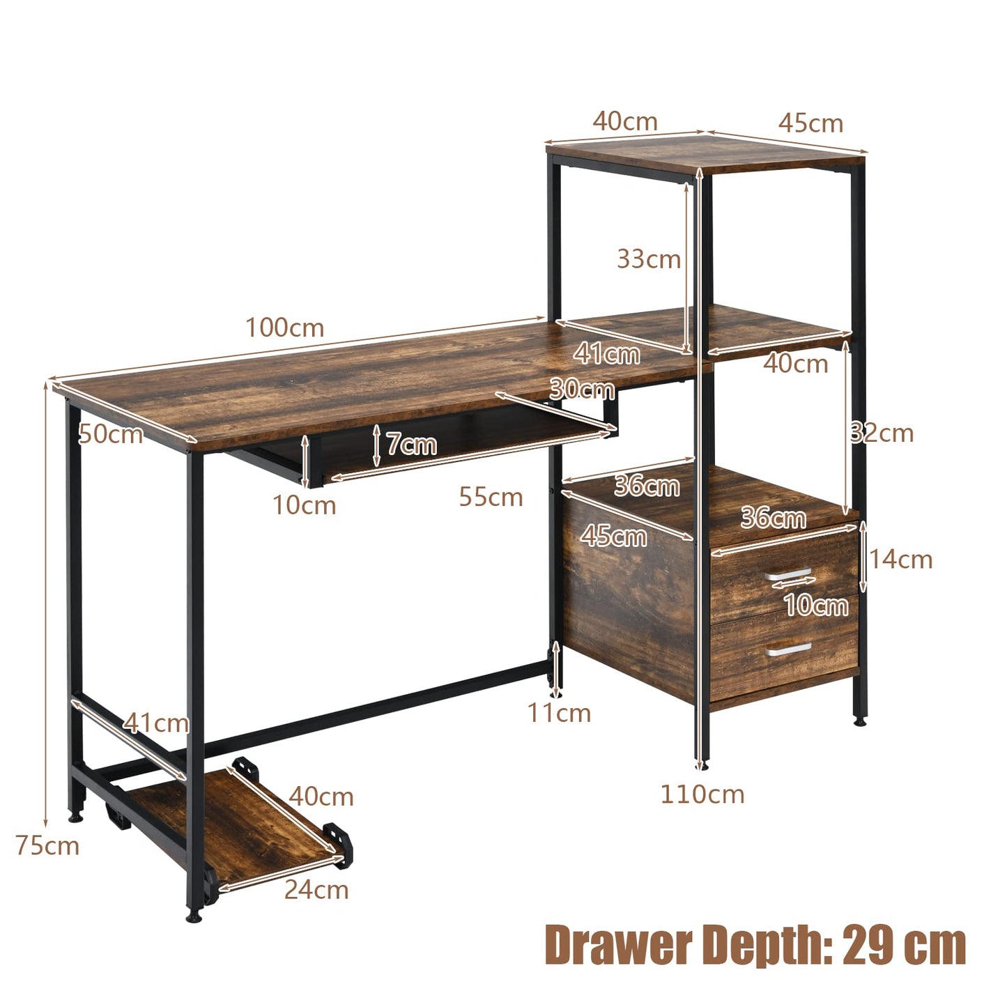 Computer Desk, 2-in-1 Workstation PC Laptop Table with Storage Bookshelf, 140 x 50 x 110cm