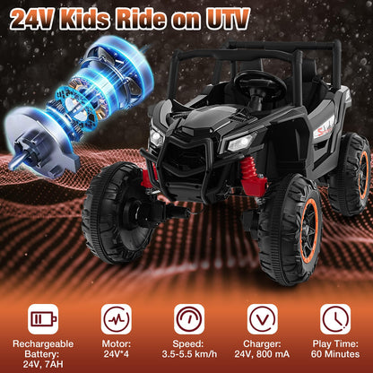 24V Kids Electric Ride on UTV, 2-Seater Battery Powered Toy Car with Remote Control, MP3, Music, Lights