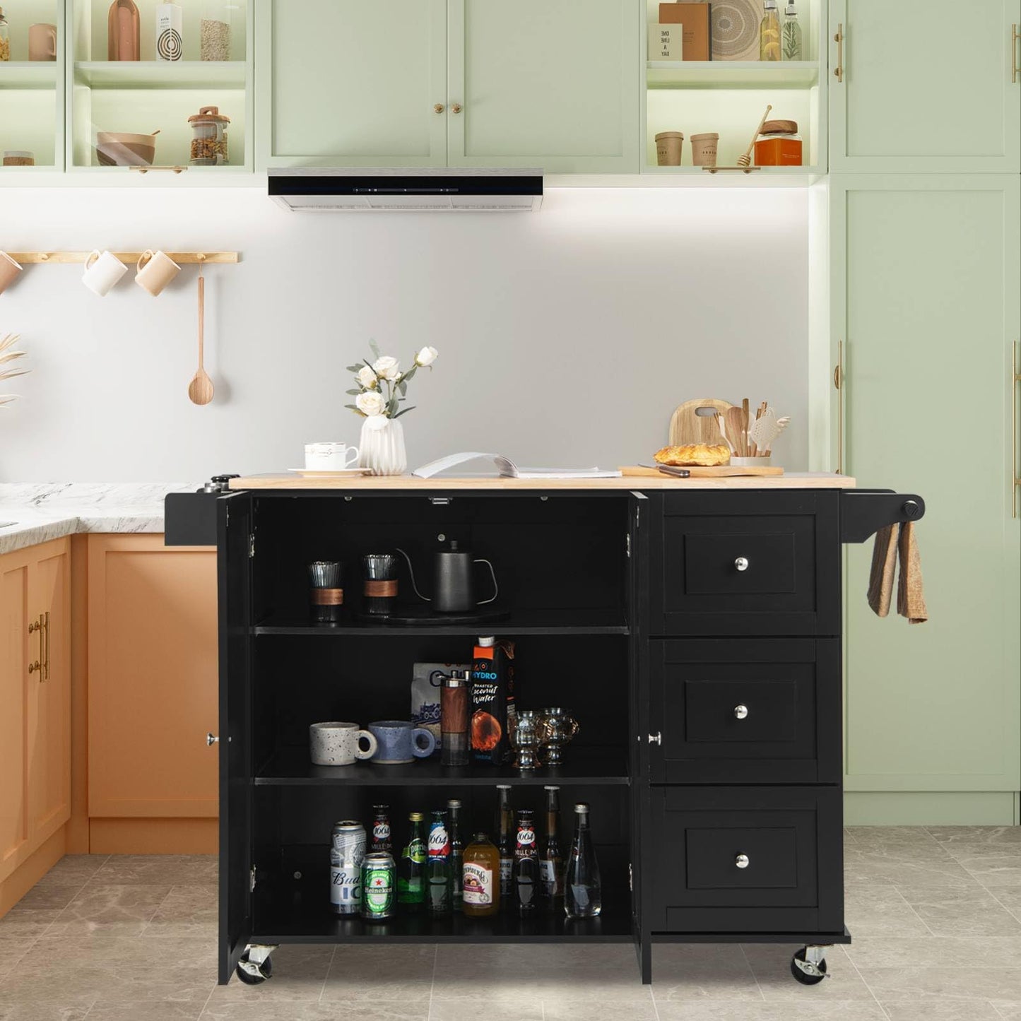 GiantexUK Large Kitchen Island, Extendable Rolling Storage Trolley with 3 Drawers and Adjustable Shelves