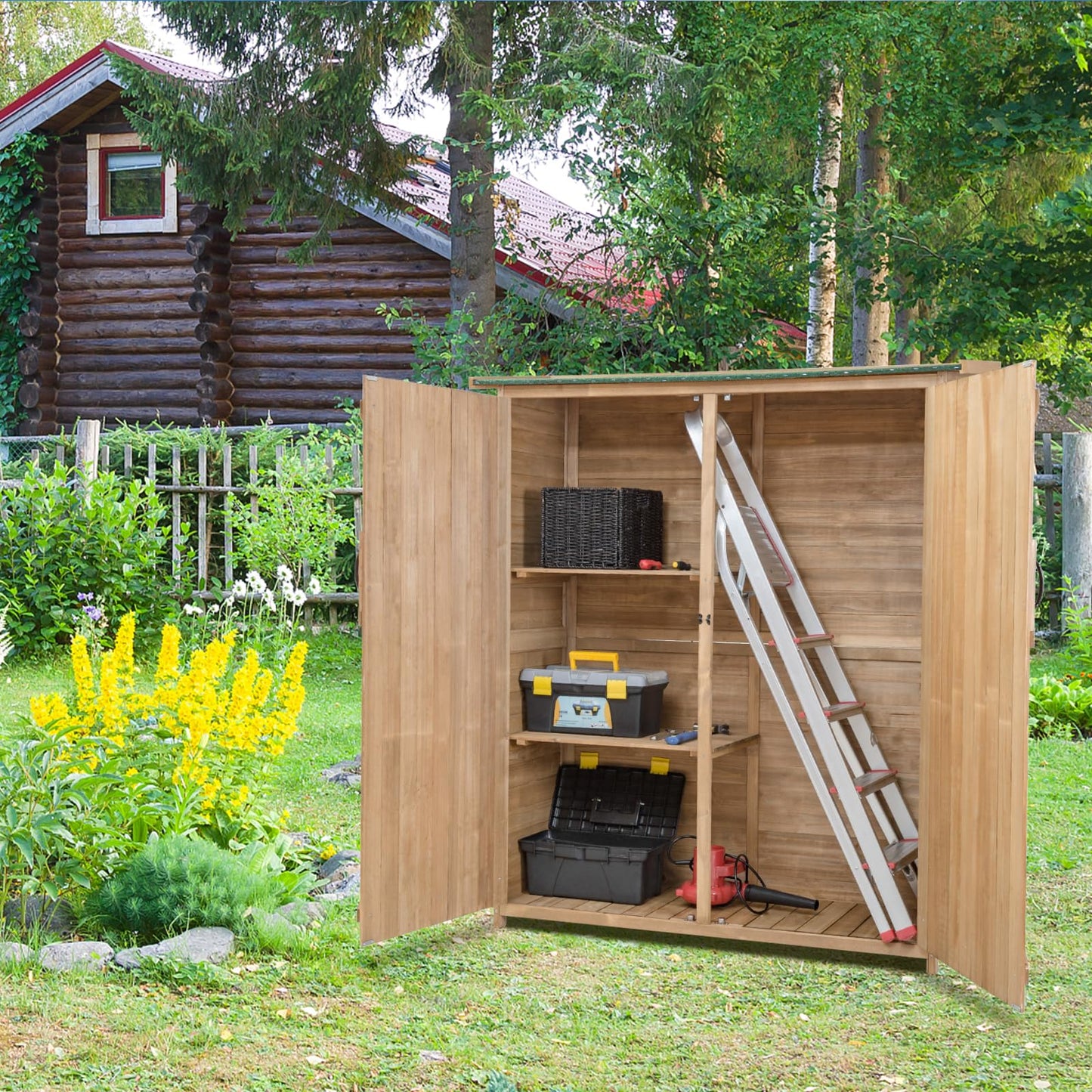 GiantexUK Wooden Garden Shed, Tool Storage Cabinet with 3 Shelves, Asphalt Sloped Roof