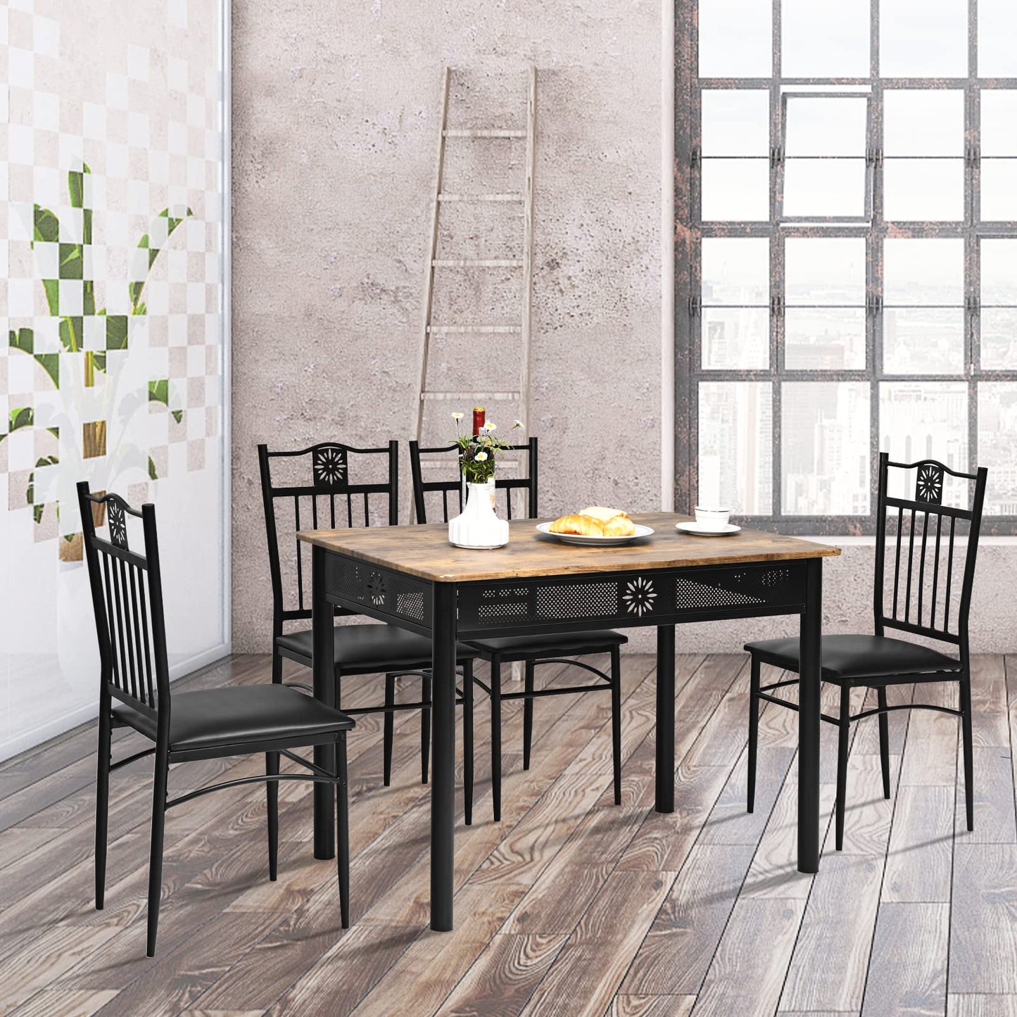 GiantexUK 5 Pieces Dining Table Set, Steel Frame Wooden Table and 4 High Back Chairs