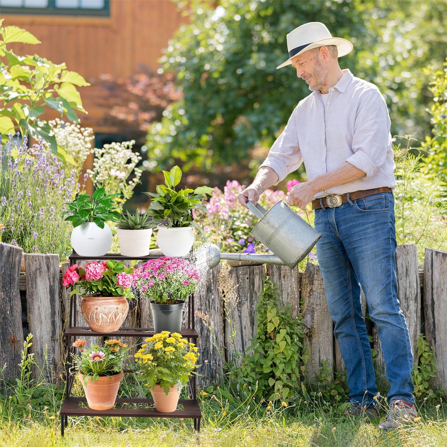 GiantexUK 3-Tier Metal Plant Stand, Ladder Flower Pots Holder with 2 Wheels and Convenient Handles