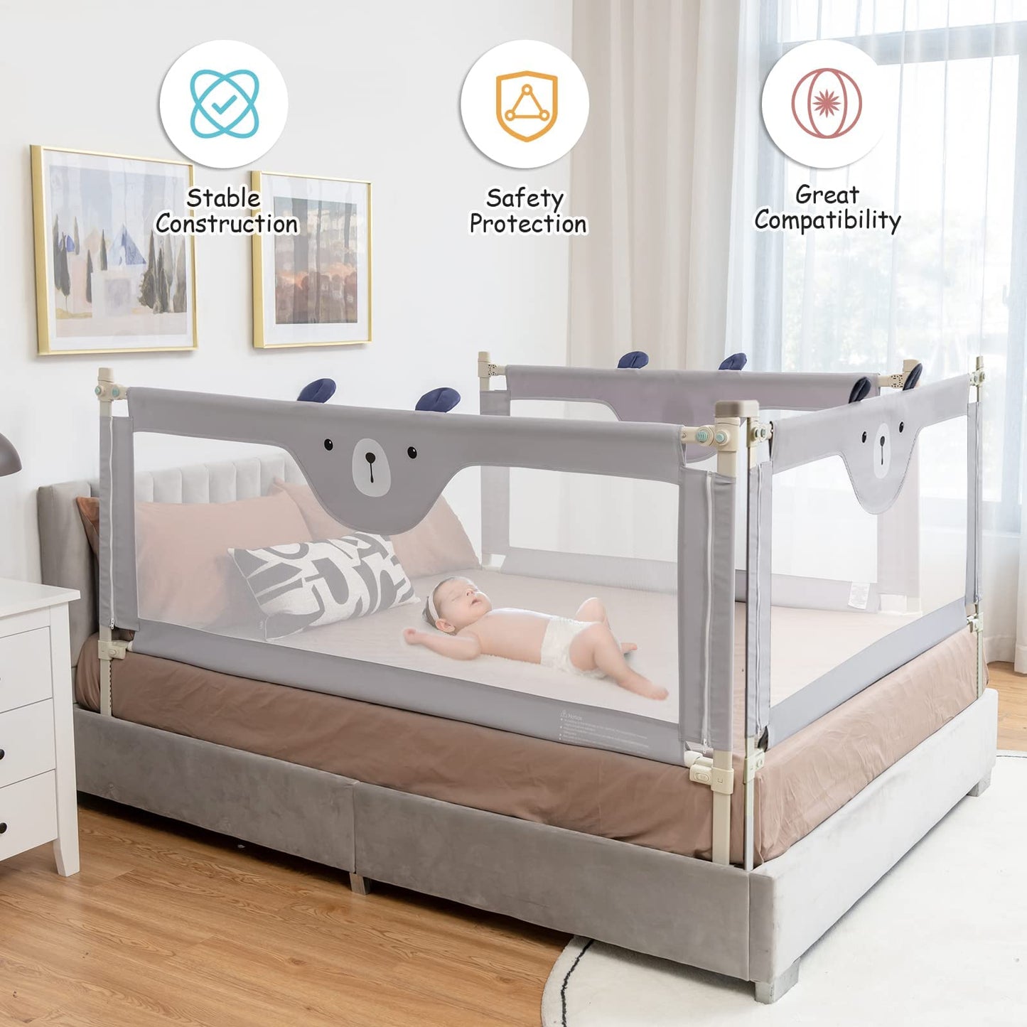 Bed Rail, Vertical Lifting Baby Beds Guard with Double Safety Lock & Adjustable Height (175cm, Grey)