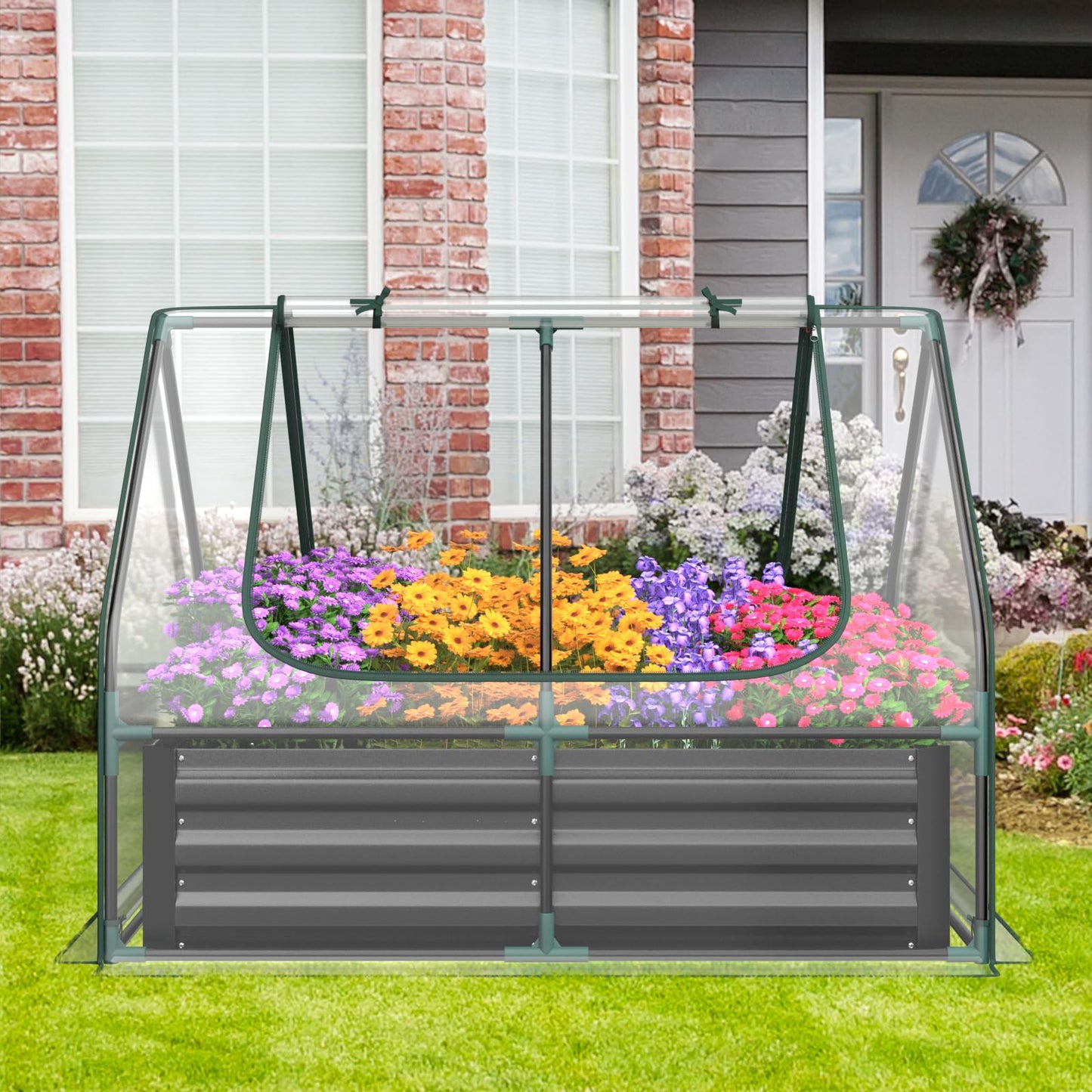 Raised Garden Bed with Greenhouse, Outdoor Elevated Planter Box with PVC Cover & Dual 2-Tier Roll-Up Windows