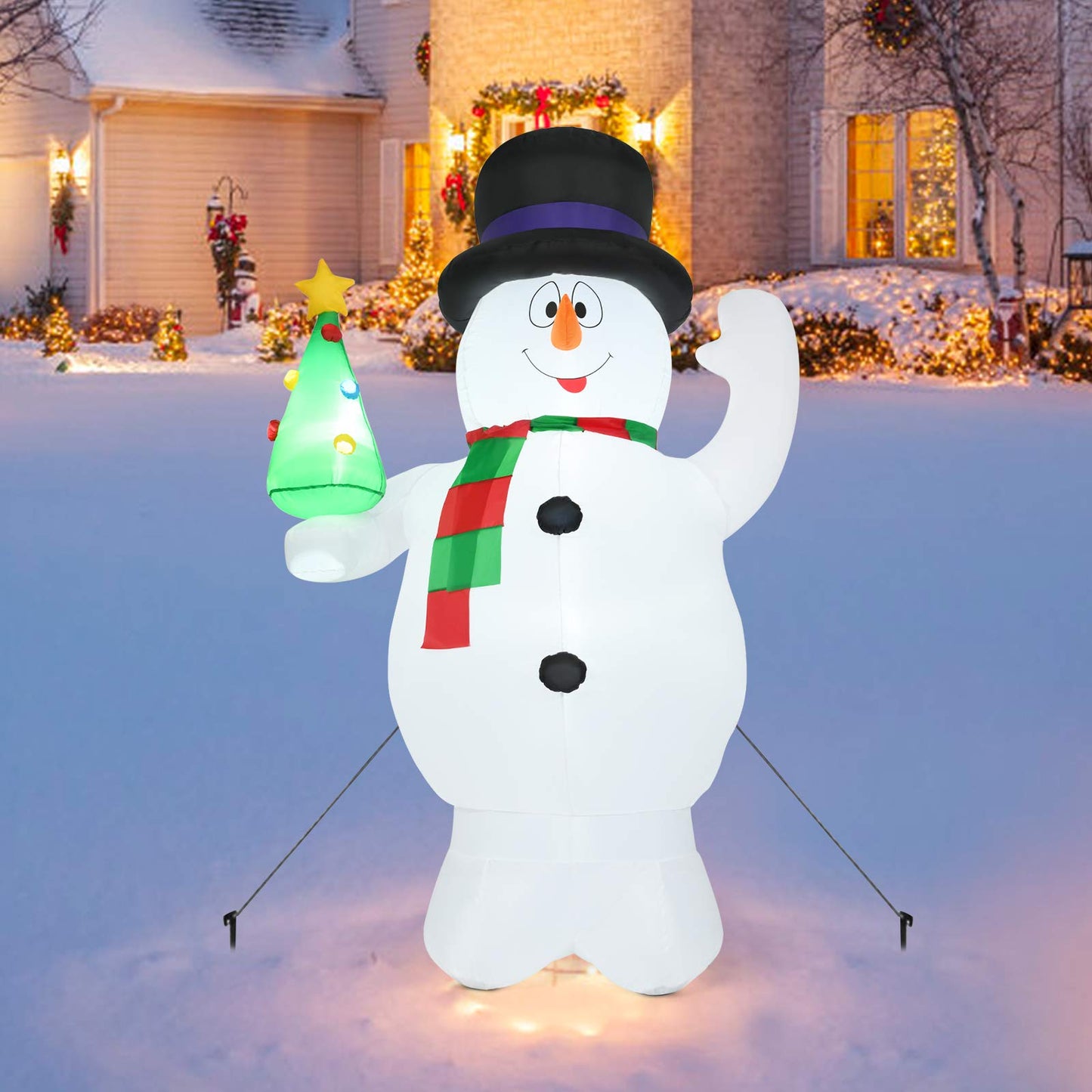 GiantexUK 8FT Christmas Inflatable Snowman, Cute Christmas Decoration with Tree and LED Lights