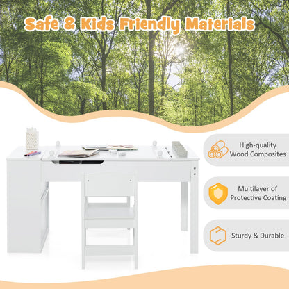 2-in-1 Kids Art Table and Chairs Set, Wooden Toddler Craft Easel Desk with 2-Tier Open Shelf (6 Cups)