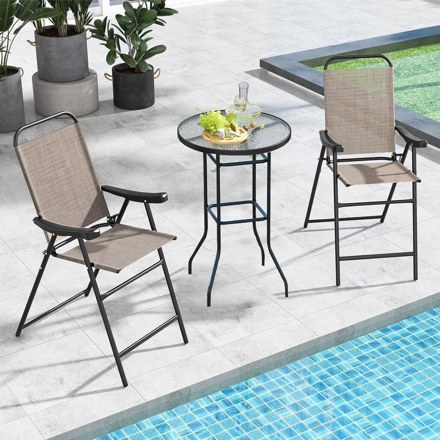 GiantexUK 3 Piece Bistro Set, Garden Dining Furniture Set with Round Bar Table and 2 Folding Chairs