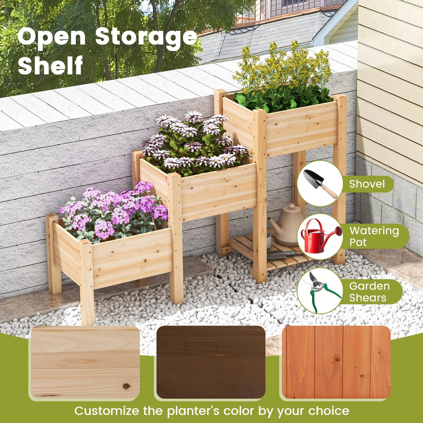 GiantexUK Wooden Raised Garden Bed, 3 Tier Vertical Ladder Garden Planter with Slatted Shelf & Drainage Holes