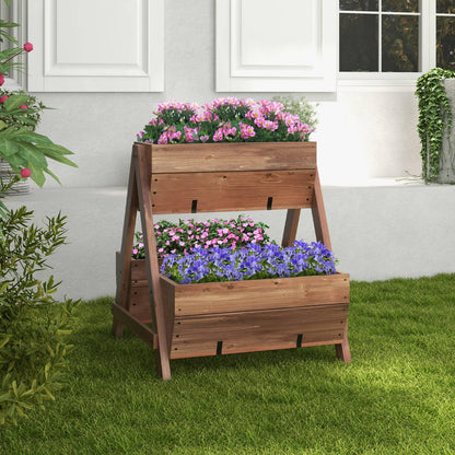 GiantexUK Wooden Raised Garden Bed, 2 Tier Vertical Ladder Garden Planter with Drainage Holes