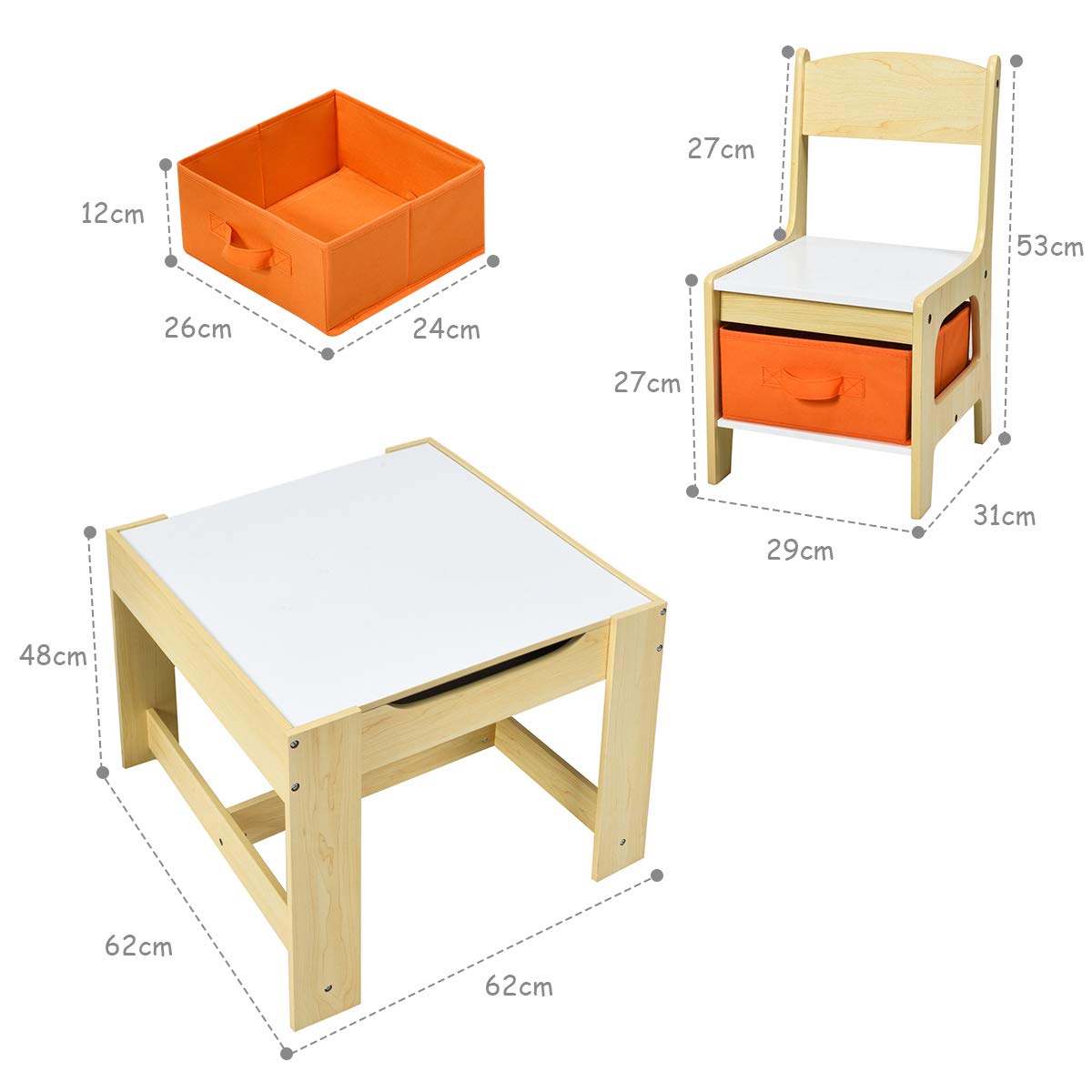 Kids Table Chair Set, Double Side Tabletop Table and 2Pcs Chairs with Storage Box