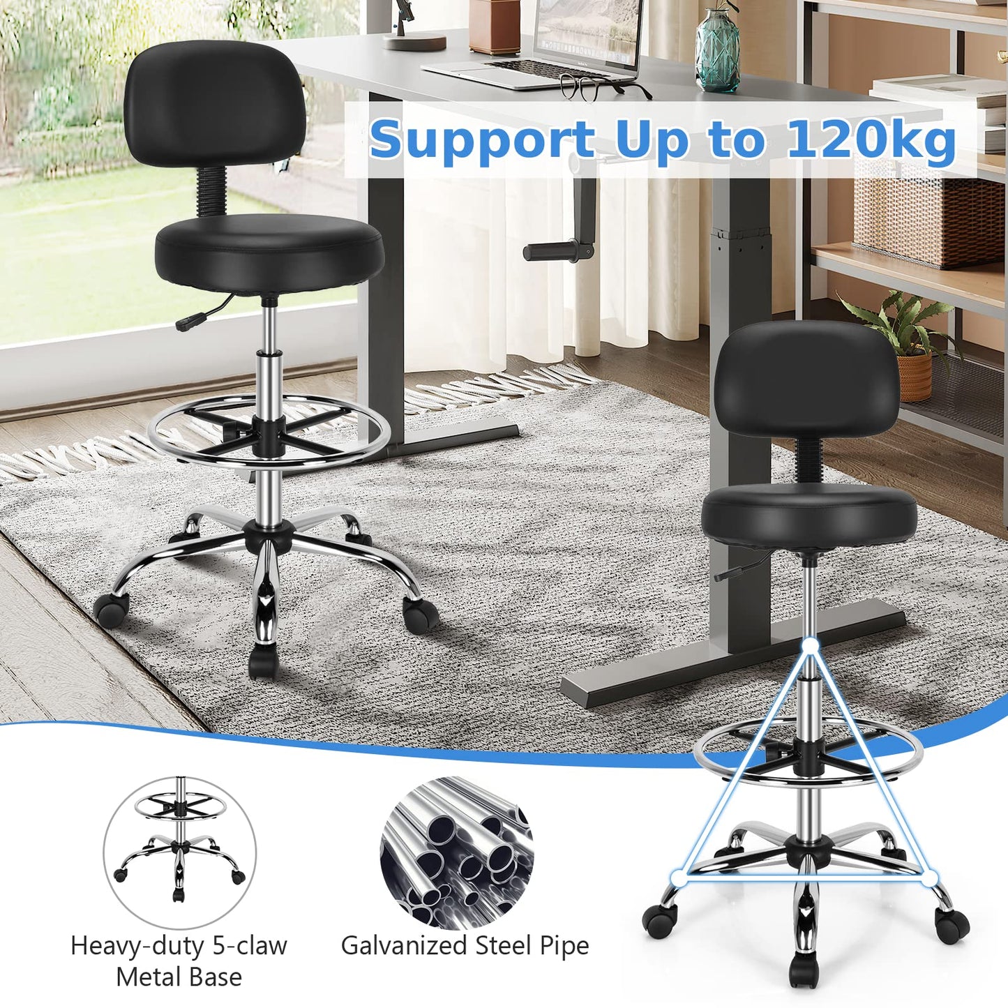 Ergonomic Drafting Chair, Height Adjustable Stool Swivel Office Chair with Backrest and Adjustable Footrest