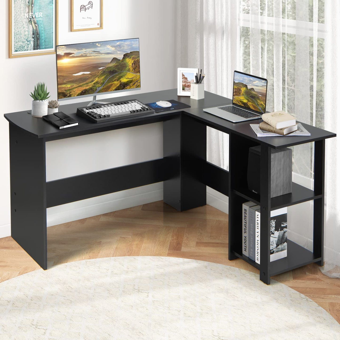 L-Shaped Computer Desk, Modern Large Corner Desk Writing Study Table with Storage Shelves