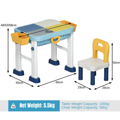 Kids Building Blocks Table and Chair Set, Height Adjustable Activity Table with Double-Side Tabletop