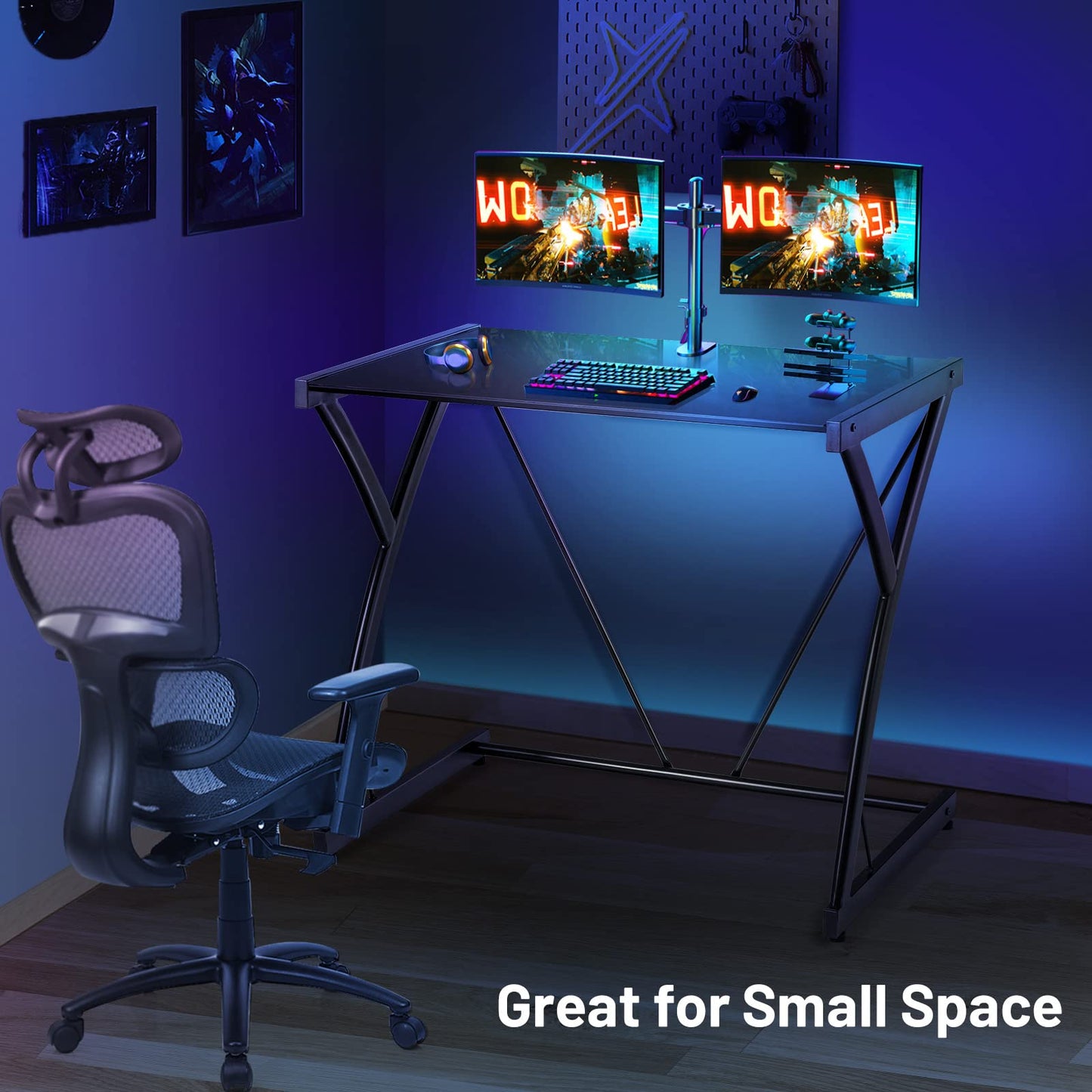 Computer Desk, Modern PC Laptop Table Writing Workstation with Tempered Glass Top, Z-Shaped