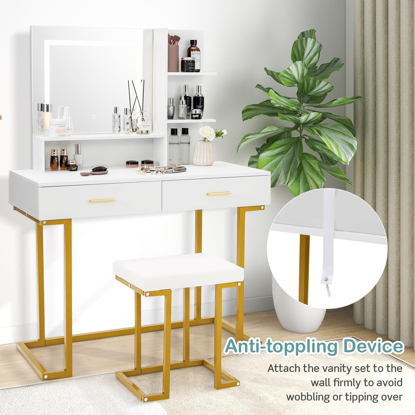 Dressing Table and Stool Set with 3-Color LED Lights Mirror, 2 Drawers and Storage Shelves