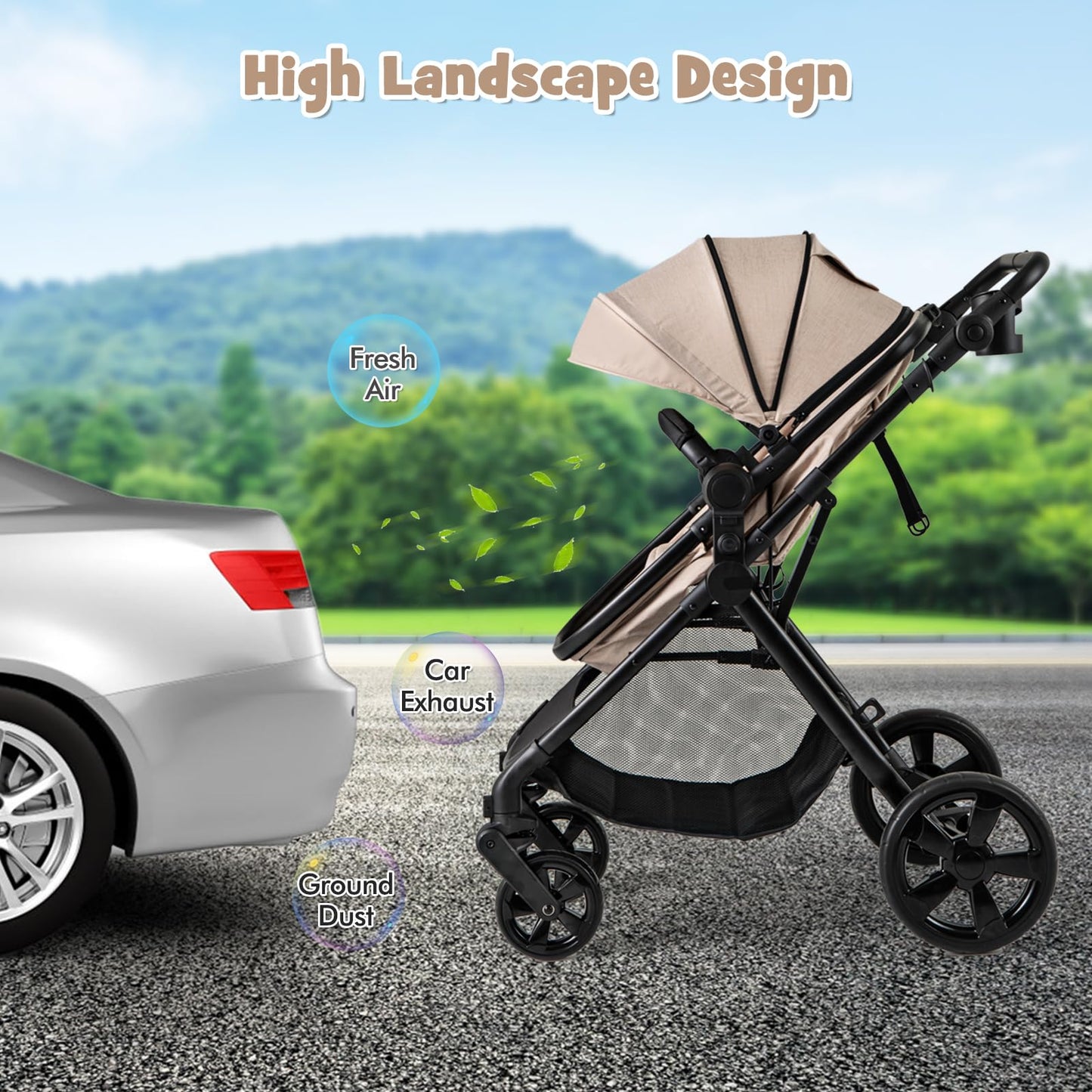 2 in 1 Baby Pushchair, Foldable Travel System Pram with Reversible Seat, Adjustable Canopy & Handle