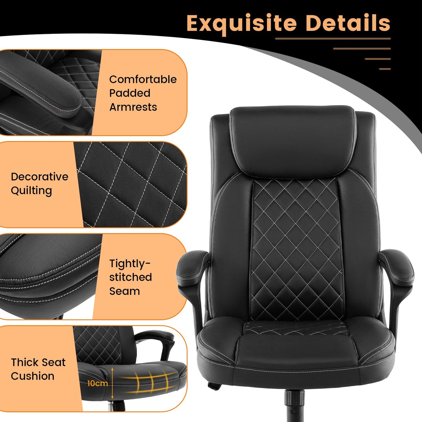 Swivel Office Chair with Padded Armrests and Rolling Metal Base