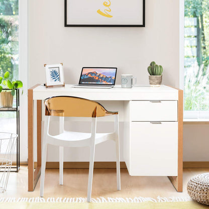 Computer Desk, Wooden Study Table Writing Workstation with Drawer and Cabine, 112x50x75cm, White+Natural