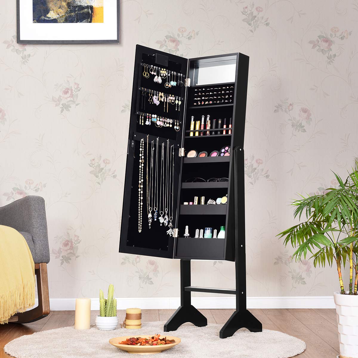 Jewellery Cabinet, LED Light Jewellery Standing Mirror Lockable Armoire