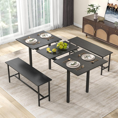 3-Piece Dining Table Set for 4-6, Extendable Kitchen Table and Benches Set with Anti-collision Protector