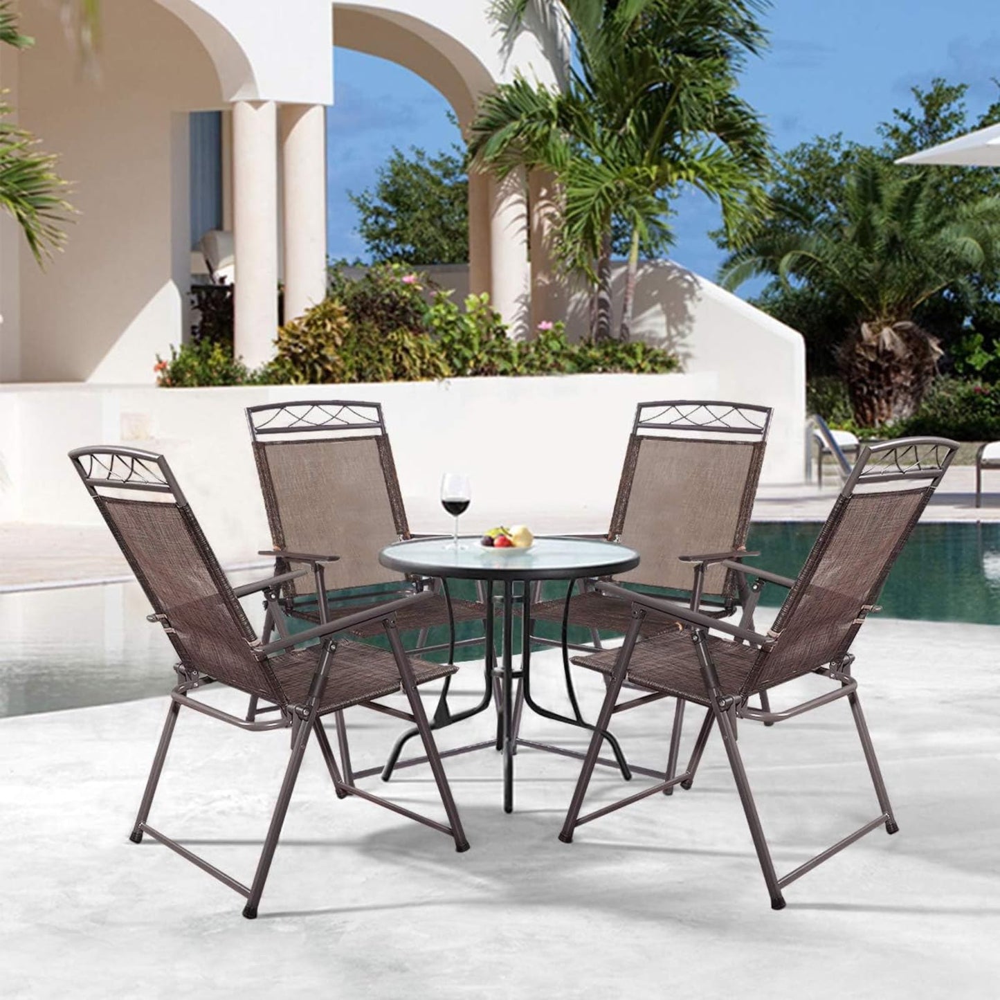 GiantexUK Folding Patio Chairs Set of 4, Metal Frame Garden Chairs with Backrest, Armrests & Footrest