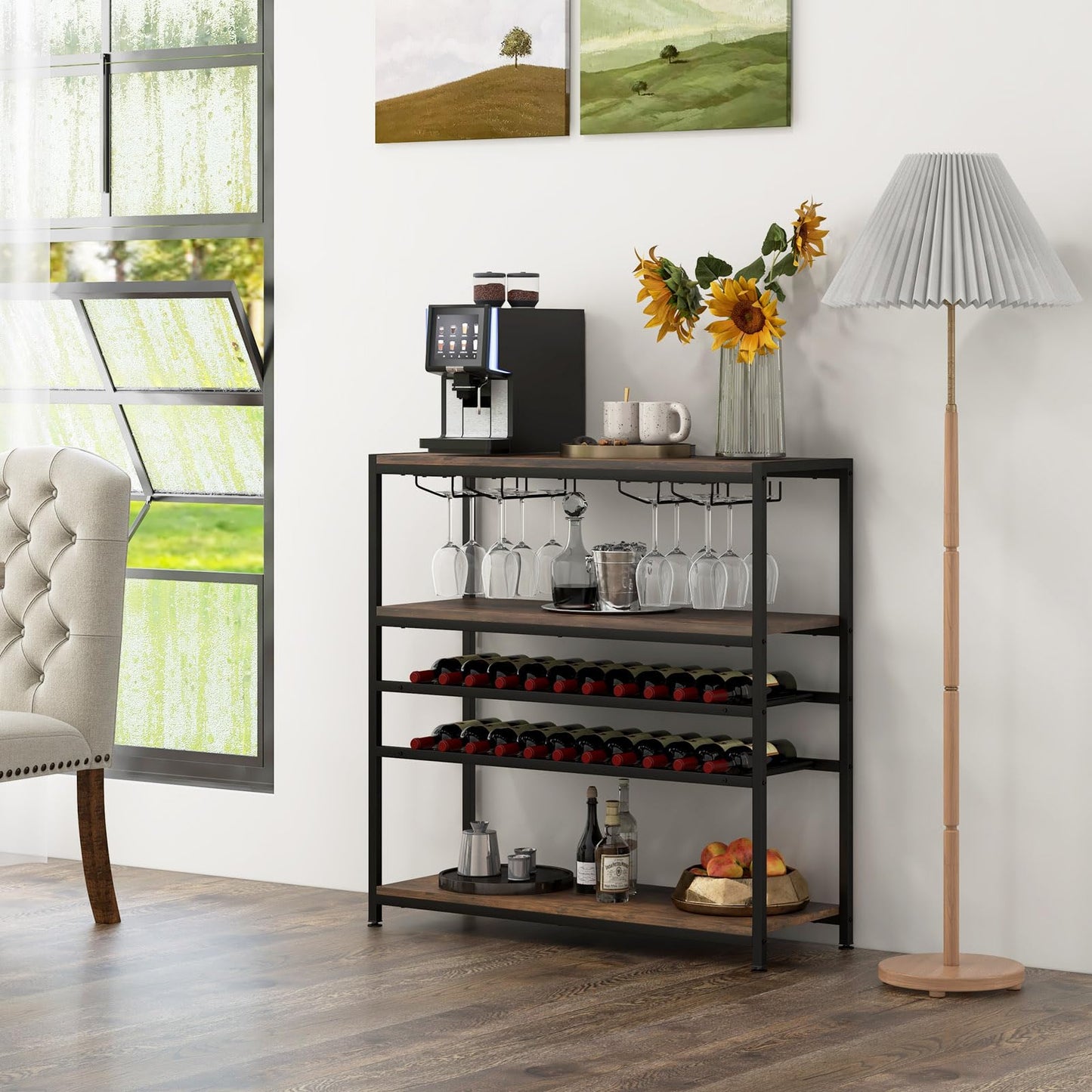 GiantexUK 22 Bottles Wine Rack, 5-Tiers Freestanding Wine Bar Cabinet with Tabletop, Shelves & Glass Holders