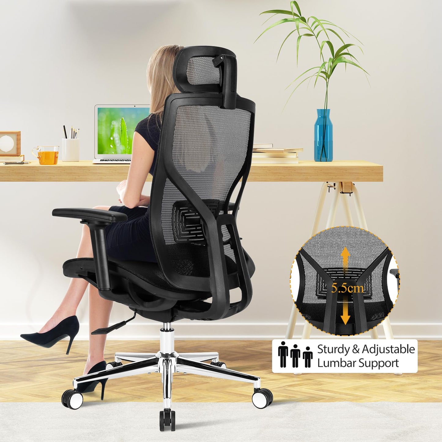 Mesh Office Chair, Ergonomic High Back Swivel Computer Desk Chair with Adjustable Lumbar Support