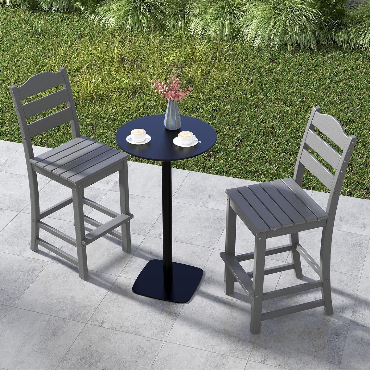 GiantexUK Outdoor Bar Stools Set of 1/2, HDPE Bar Chair with Slatted Backrest & Footrests, Weather-resistant Counter Height Dining Chair for Garden Balcony Patio Backyard