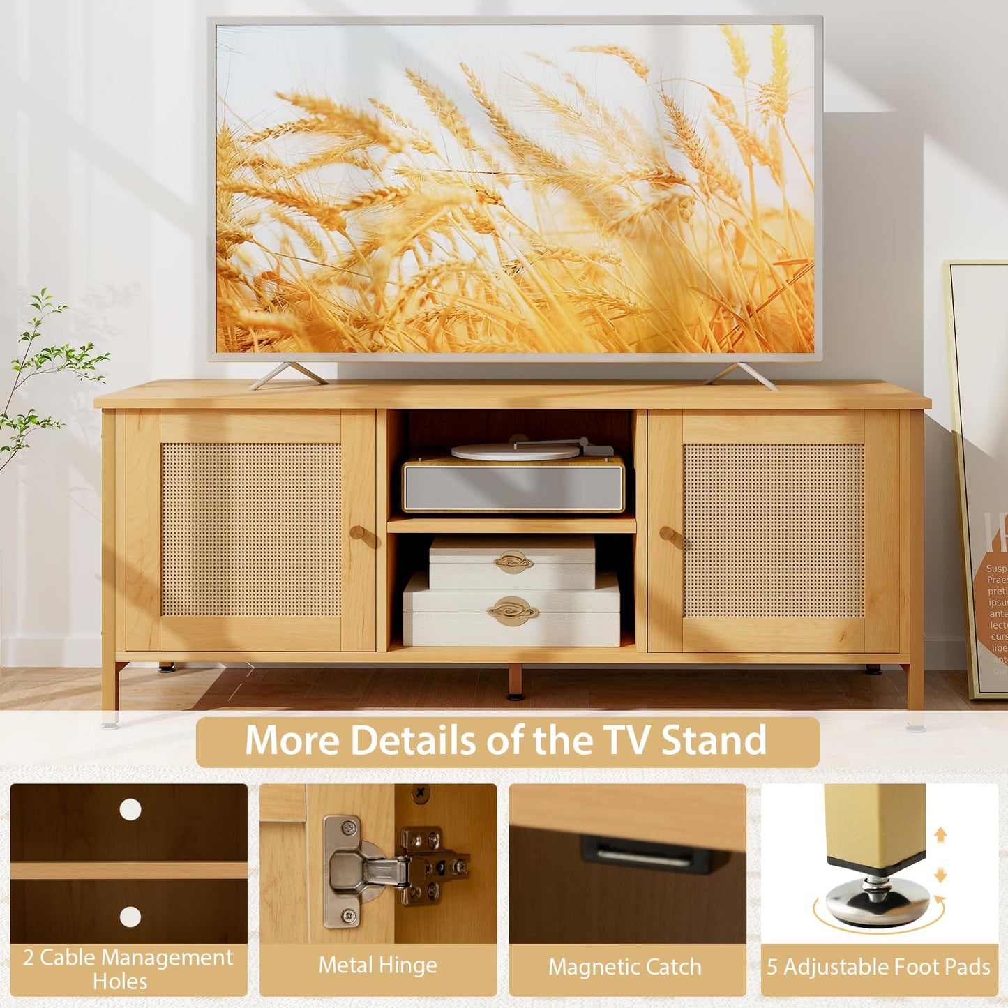 TV Stand for TVs up to 55 Inches, Wooden TV Cabinet Media Entertainment Center with 2 Rattan Effect Doors