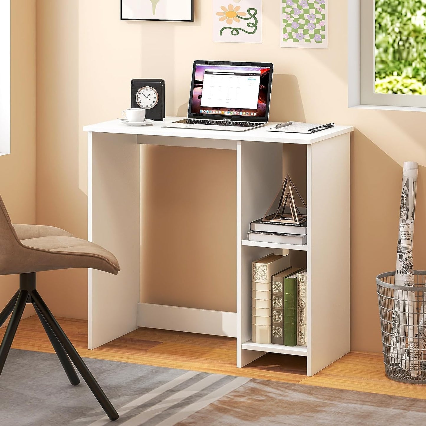 Compact Computer Desk, 80 x 40cm Small Writing Desk with Storage Shelves, Space-saving Home Office