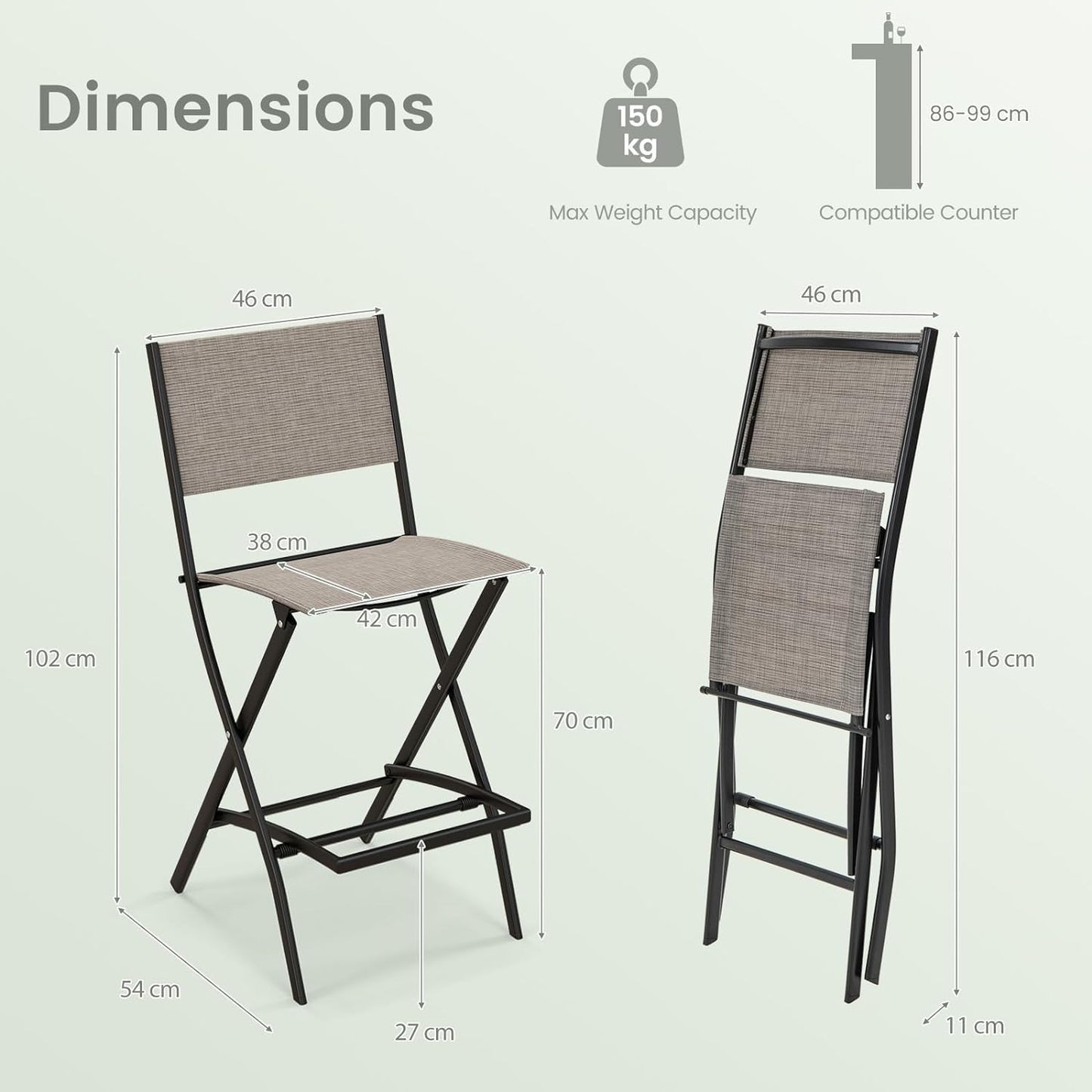 GiantexUK 3 Piece Bistro Set, Garden Dining Furniture Set with Round Bar Table and 2 Folding Chairs (Table+2 Armless Bar Chairs)