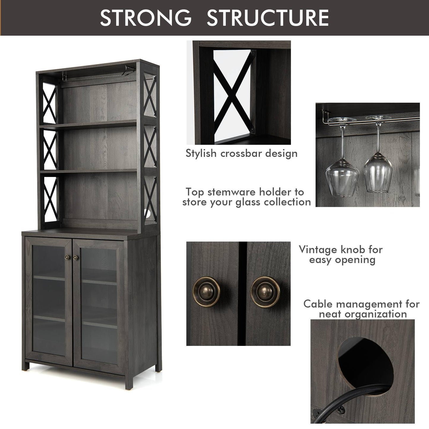 GiantexUK Tall Kitchen Cupboard, 171cm Buffet Sideboard with Glass Doors Cabinet, Adjustable Shelf, 2 Open Shelves