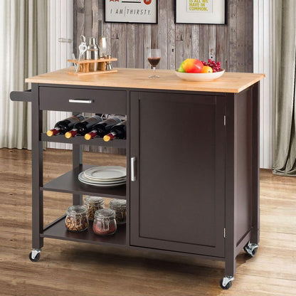 GiantexUK Kitchen Island Cart on Wheels, Mobile Storage Trolley with Oak Wood Countertop