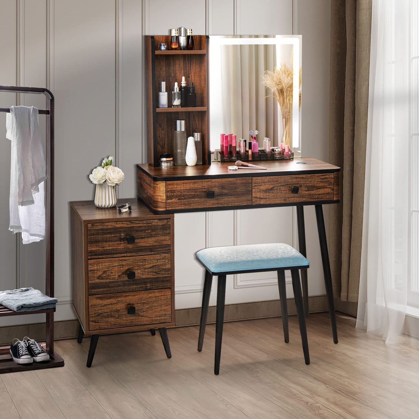 Dressing Table and Stool Set with 3-Color LED Lights Mirror, Drawers, Shelves & Charging Station, Rectangular Mirror