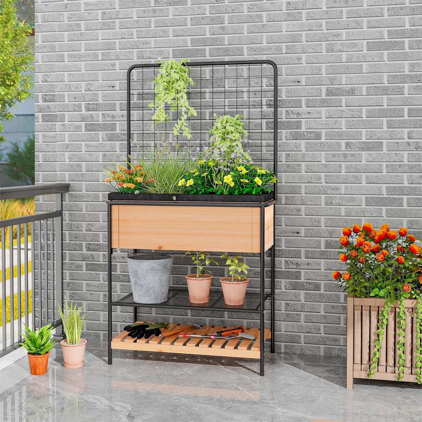 GiantexUK 3 Tier Raised Garden Bed with Trellis, Wooden Garden Planter Pox with Removable Grid Divider